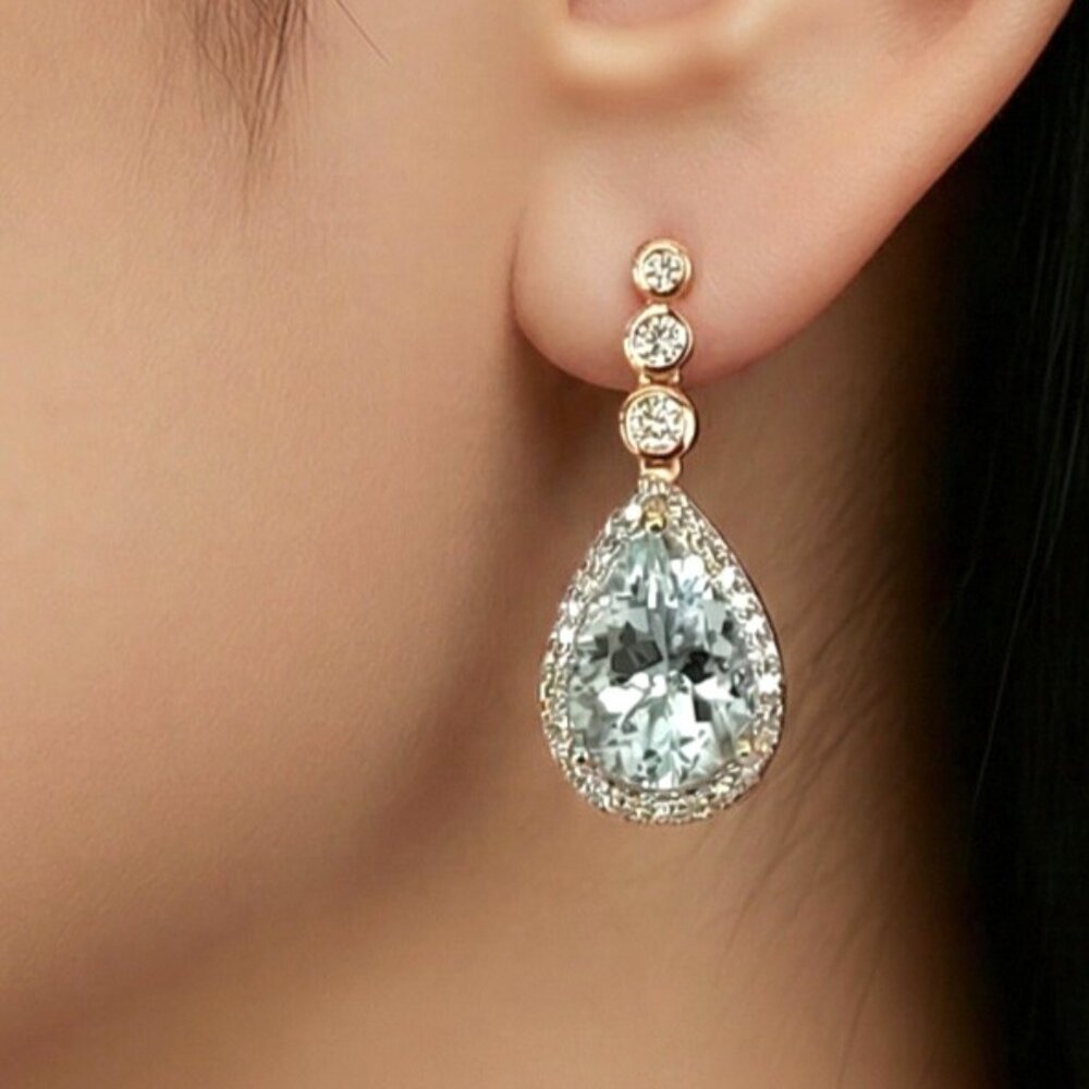 Effy 14K White & Rose Gold Pear Aquamarine Diamond Drop Earrings 3.8 CTW